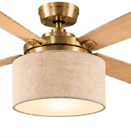 Brass ceiling fan with woven drum shade